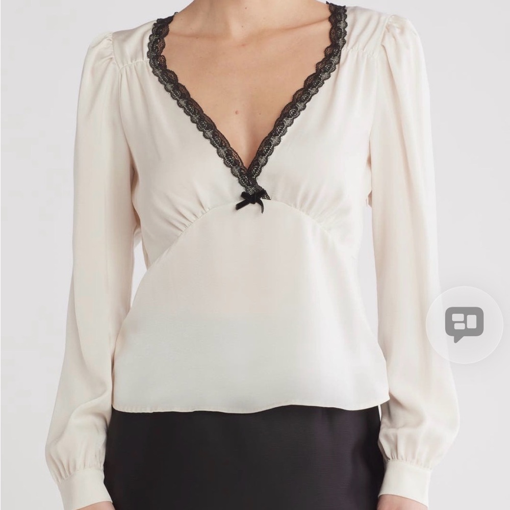 Elegant Cream Blouse with Black Lace Trim